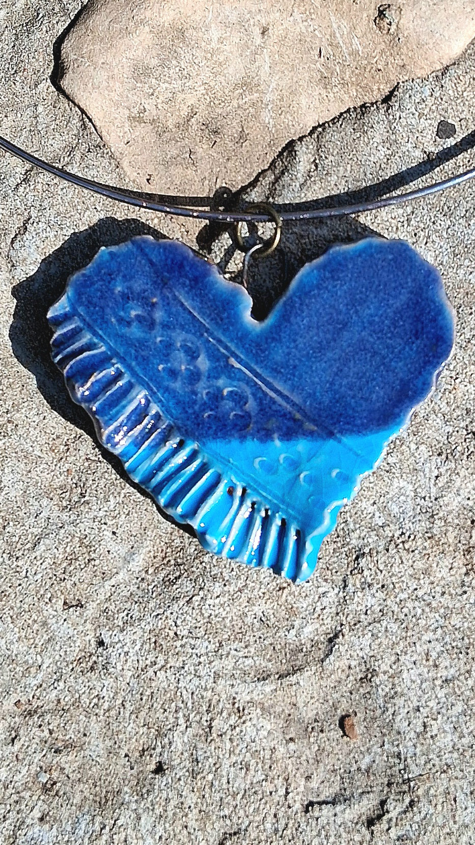 Heart pottery pendant - blue textured