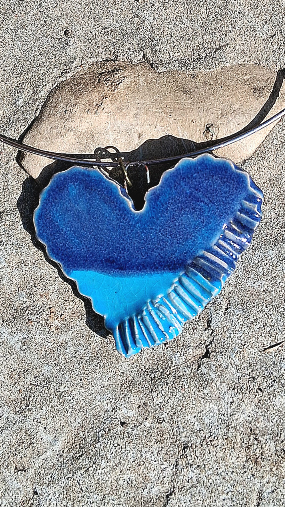 Heart pottery pendant - blue textured